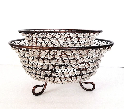Set Of 2 Beaded Copper Wire Baskets - Footed Lg & Sm - Bohemian Look Cover