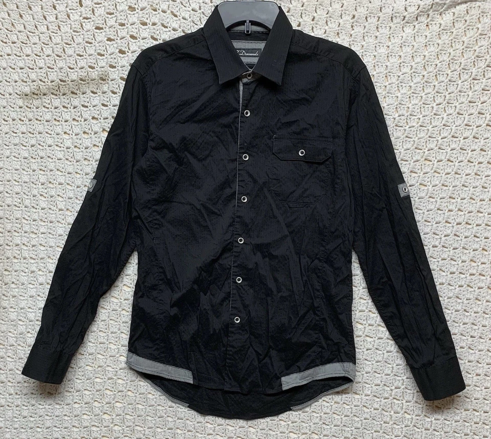 Camisa 7 Diamantes Para Hombre Talla S Negra Gris Rayas Manga Larga Abotonada Pestaña Enrollable Foto 1 de 4