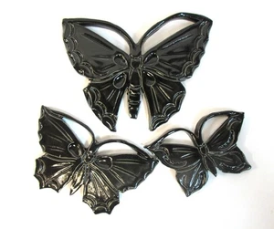 BUTTERFLY Tiles, Handmade Ceramic Mosaic Craft Tiles, Black Wall Decor, Set of 3 - Picture 1 of 6