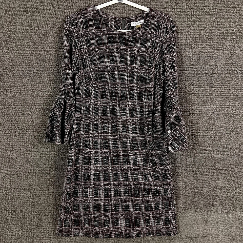 Calvin Klein Dress Womens 8 Black Gray Burgundy Plaid Tweed Bell Sleeve Sheath - Image 1 of 4