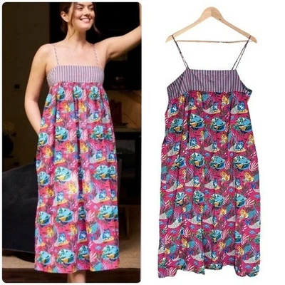 Vestido camisola estampado tamanho XL rosa miando sereias algodão bolsos traseiros - Imagem 1 de 4