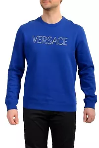 Versace Men's Royal Blue Logo Print Fleece Crewneck Sweatshirt US XL IT 54 - Picture 1 of 6