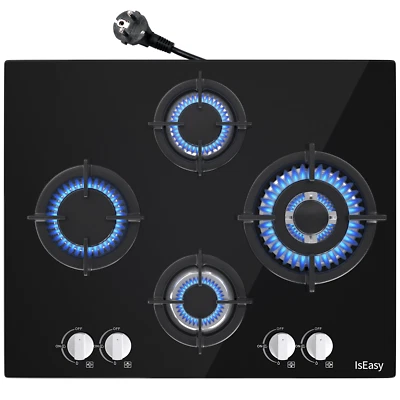 IsEasy 64 cm Piano Cottura a Gas 4 Fuochi Built-in Ghisa Gas Vetro Nero GN/GPL