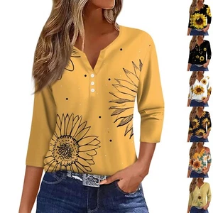 Women's T Shirt Tee Print Button 3/4 Sleeve Daily Weekend Fashion Basic V- - Picture 1 of 33