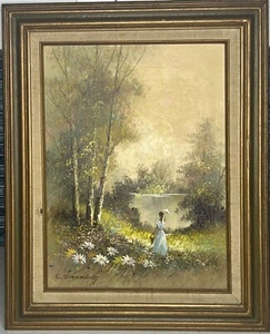 Original Vintage C. MANNING Oil PAINTING Victorian Ethnic Woman In Meadow Signed - Picture 1 of 20