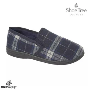 Shoe Tree Comfort Fife Mens Blue Tartan High Comfort Twin Gusset Velour Slippers - Picture 1 of 1