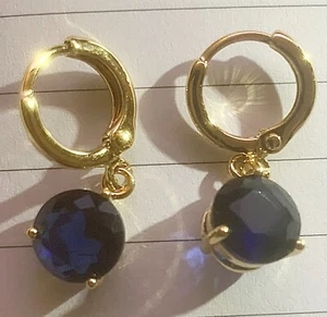 Gold Filled Drop Dangle Earrings Small Hoop with Round Blue Sapphire GIFT BOXED - Picture 1 of 6