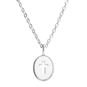 Cut-out Cross On Oval Disc Necklace Solid Sterling Silver 42cm-45cm 925 Hallmark - Picture 1 of 3