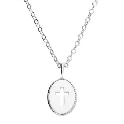 Cut-out Cross On Oval Disc Necklace Solid Sterling Silver 42cm-45cm 925 Hallmark - Image 1 of 3