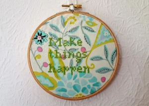 Hand Embroidered Hanging Hoop Art. Motivational Words 5" Diameter New - Picture 1 of 4