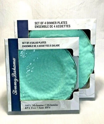 Juego de 8 platos Tommy Bahama aguamarina/gris craquelado 4 cenas 4 ensaladas melamina rústica Foto 1 de 4