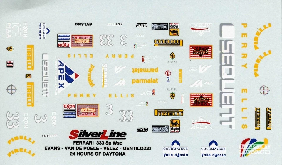 FERRARI 333 SP  N°33 SCANDIA  24 HOURS DAYTONA 1995 SILVER LINE  DECALS 1/43 - Immagine 1 di 1