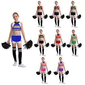 Kids Girls Cheerleading Dance Outfit Printed Top with Shorts Set Fancy Dress Up - Picture 1 of 63