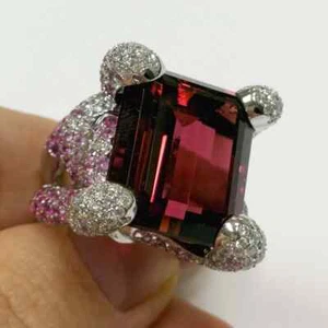 Emerald Cut Red Ruby With Round Cut Ruby & CZ 35.90TCW Women's Excellent Ring - Picture 1 of 12