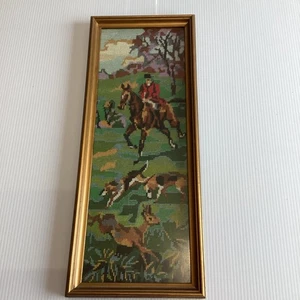 Vintage "English Hunting Scene " Framed Needlepoint Brown Velvet 19.5" X 7.5” - Bild 1 von 10