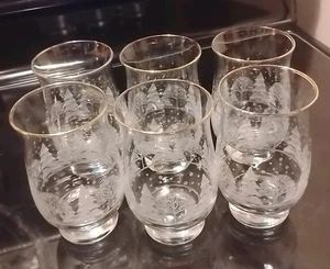 6 Kiefern weiß Silhouette Becher Gläser 5,25" Winter Bäume Goldrand - Bild 1 von 4