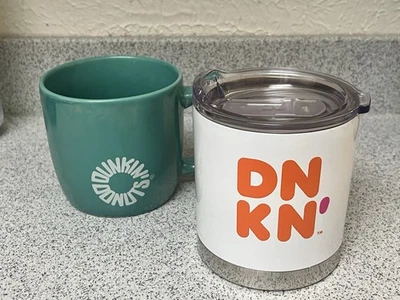Dunkin’ Donuts Mug Set – Teal Ceramic & White DNKN Tumbler Cup w/ Lid - Image 1 of 4