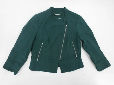 White House Black Market Jacket Womens 4 Green Moto Asymmetrical Zip Linen Blend - Изображение 1 из 4