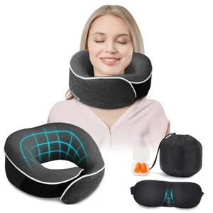 Travel Pillow, 360° Neck Support Memory Foam Travel Neck Pillow, Neck Dark Grey - Picture 1 of 8
