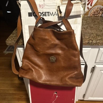 MOCHILA MONEDERO BOLSO DE MANO PRATESI FIRENZE CUERO MARRÓN TOSTADO ITALIA CREMALLERA ROTA Foto 1 de 4