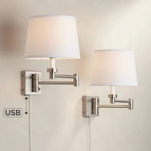 Vero Modern Swing Arm Wall Lamps Set of 2 Nickel Plug-In Fixture USB White Shade - Picture 1 of 10