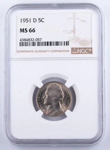 Certified 1951-D Jefferson Nickel NGC MS66 5c - Picture 1 of 4
