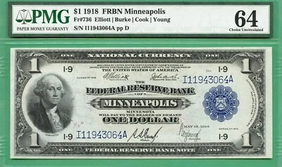MINNEAPOLIS - 1918 $1 FRBN - PMG CU 64 - Fr 736 - MINNEAPOLIS - Image 1 of 2