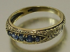 R078 Genuine 9K Gold NATURAL Sapphire 5-stone Etched ETERNITY Band Ring size N - Picture 1 of 2