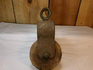 Antique Cast Iron Steel Barn Pulley with Wood Wheel - Picture 1 of 4
