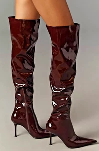 BOTAS ANTHROPOLOGIE Jeffrey Campbell PUSHOVER PUNTA SOBRE RODILLA CHAROL VINO 8 - Imagen 1 de 6