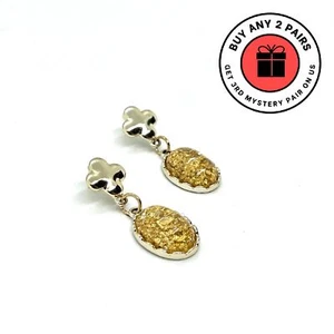 Vintage Gold Glass Earrings Drop Crystal Foil Clover Oval Design Stud Jewelry - Picture 1 of 2