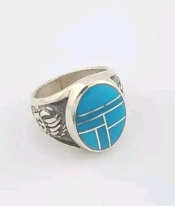 Native American Zuni Sterling Silver Turquoise Inlay BEAR CLAW Ring ~ Size 9.75 - Picture 1 of 8