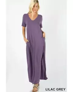 Maxi Vestido Camiseta Keeping It Comfy Mangas Cortas Cuello en V con Bolsillos en Gris Lila - Imagen 1 de 1