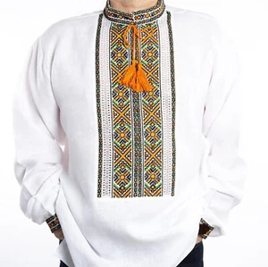 VYSHYVANKA Mens Ukraine handmade Embroidery LINEN White st patricks day shirt - Picture 1 of 8