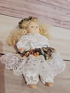 Vintage Jointed Porcelain Doll Bisque French Style Blonde Curly Hair Lace Dress - Picture 1 of 5