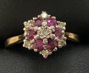 vintage 9CT GOLD RUBY DIAMOND RING CLUSTER - SIZE "O" - Picture 1 of 22