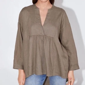 Zara Leinen Tunika Bluse Braun Oversize Lagenlook Langarm High Low Large - Bild 1 von 4