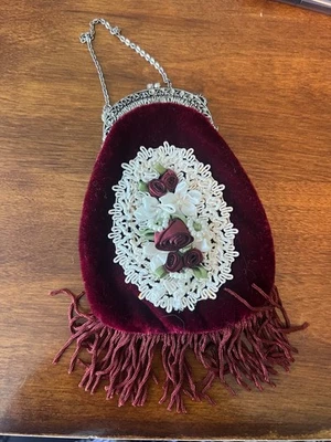 Victorian velvet fringe purse clucth floral with flapper Approx 5x3 - Image 1 of 2