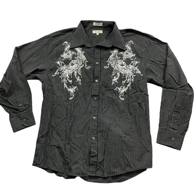 Camisa masculina Eighth Avenue XL listra de giz gráfica botão para baixo preta cinza - Imagem 1 de 4