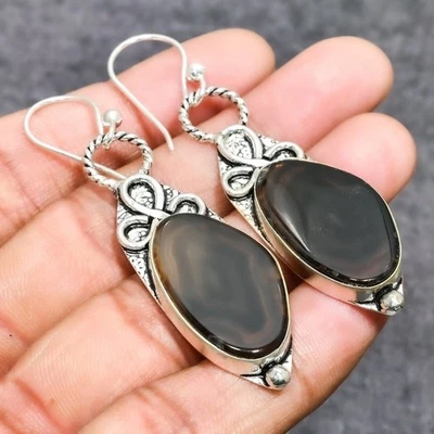 Banded Agate Gemstone Handmade 925 Sterling Silver Jewelry Earring 2.46" Q115 Foto 1 de 3