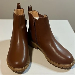 Botas al tobillo marrón con suela con cremallera lateral para niñas talla 4Y imitación cuero estilo Chelsea - Imagen 1 de 15