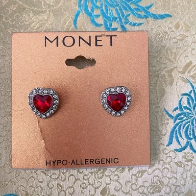 Pendientes Monet Plata Rubí Rojo Forma Corazón Nuevos Foto 1 de 3