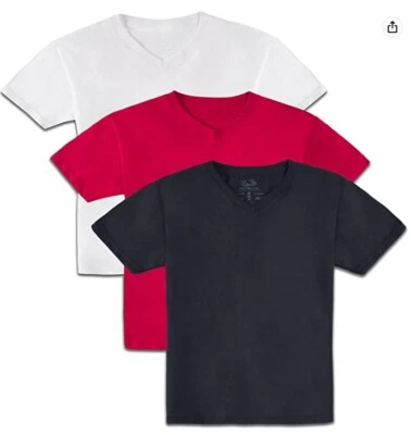 Paquete de 3 camisetas de algodón sin etiquetas Fruit of the Loom para niños con cuello en V blancas/rojas/negras XL Foto 1 de 4