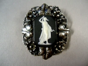 Antique 1.9"X1.7" Wedgwood Basalt & Openwork Sterling Silver Pin Brooch, 17.4g - Picture 1 of 5