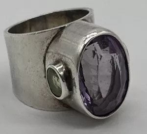 Vintage Obsidian Sterling Silver Ring Amethyst Peridot Sz 7 Chunky - Picture 1 of 6