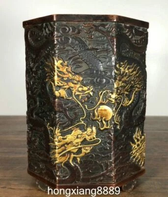 Jarrón lápiz antiguo púrpura bronce oro 24K dinastía palacio dragón juego cuentas cepillo maceta Foto 1 de 4