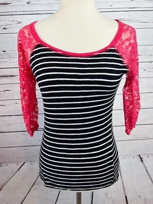 Delia's pullover shirt Striped Sexy Sheer Lace Top Black Pink Blouse Small Y2K - Image 1 of 4