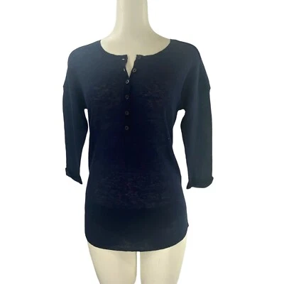 360 Кашемир свитер женщин большой Henley темно-синий 3/4 рукав 100% кашемир - Изображение 1 из 4