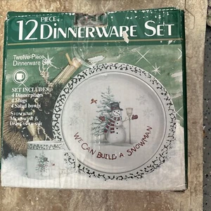New WE CAN BUILD A SNOWMAN 12 PC Christmas Holiday Dinnerware Set Missing 2 Mugs - Picture 1 of 2