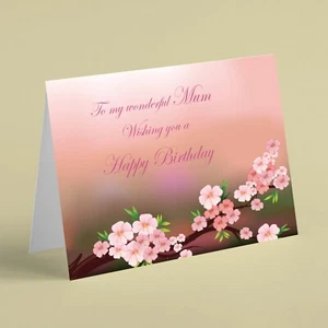 Happy birthday Mum with pink flowers on branch birthday card - Picture 1 of 1